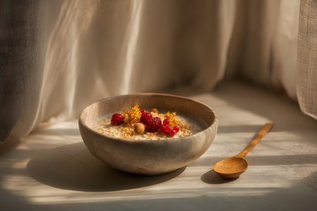 A bowl of creamy oatmeal is topped with vibrant raspberries, blueberries, and crunchy walnuts. Soft sunlight illuminates the scene on a bright morning.の素材