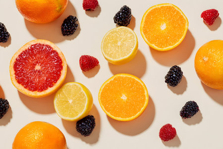 Fresh citrus fruits including oranges, lemons, and grapefruits are arranged alongside blackberries and raspberries on a smooth light surface. The vibrant colors create an appealing display.の素材