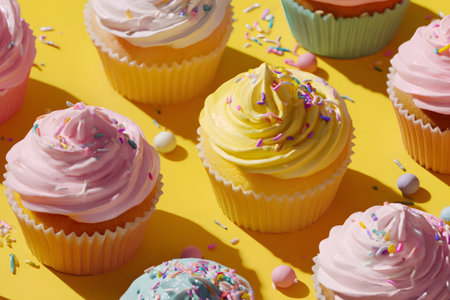 Brightly decorated cupcakes sit on a light blue surface, featuring smooth frosting and vibrant sprinkles. Perfect for a party or special occasion.の素材