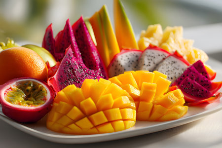 A vibrant fruit platter displays ripe mango, various dragon fruits, and passion fruit, perfect for a healthy summer snack or dessert. The colorful array invites everyone to enjoy.の素材