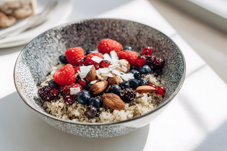 A nutritious breakfast bowl filled with oats, topped with fresh berries, nuts, and coconut flakes. The sunlight casts soft shadows, enhancing the colorful display on the marble table.の素材