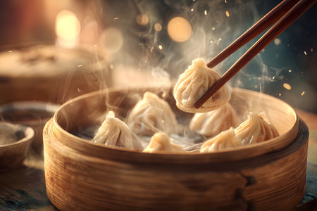 Delicious, steaming dumplings are being lifted from a bamboo steamer with chopsticks. The warm, inviting highlights the joy of sharing food during a meal.の素材