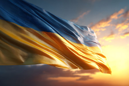 A Ukrainian flag flutters in the breeze during sunset, showing vibrant blue and yellow colors. The warm glow of the evening sky enhances the scene's beauty and significance.の素材