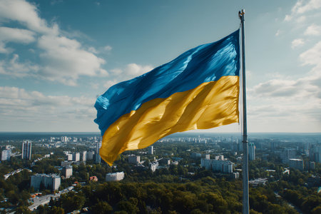 A vibrant Ukrainian flag waves proudly against a clear sky, with a scenic view of the city and river visible below. The scene captures a moment of national pride and beauty.の素材