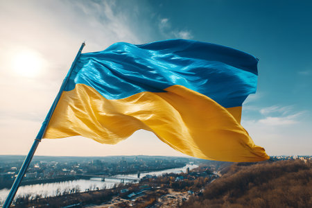 A vibrant Ukrainian flag waves proudly against a clear sky, with a scenic view of the city and river visible below. The scene captures a moment of national pride and beauty.の素材