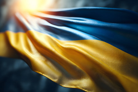 A Ukrainian flag flutters in the breeze during sunset, showing vibrant blue and yellow colors. The warm glow of the evening sky enhances the scene's beauty and significance.の素材