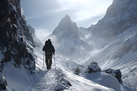 A lone hiker walks along a snowy trail in a stunning mountain landscape. The sun shines brightly, illuminating the peaks and creating a serene atmosphere.の素材