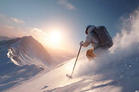 A skier gracefully descends a snowy mountain slope, surrounded by majestic peaks. The sun shines brightly, creating a perfect winter scene in the morning.の素材