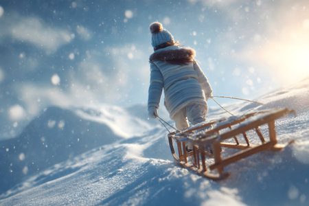 A child in winter clothing is climbing a snowy slope while pulling a wooden sled. The scene captures a cold, bright day with soft snowflakes falling around.の素材