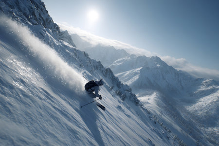 A skier gracefully descends a snowy mountain slope, surrounded by majestic peaks. The sun shines brightly, creating a perfect winter scene in the morning.の素材