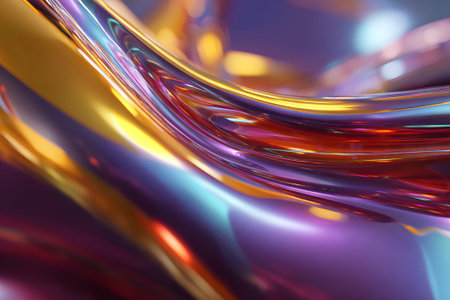 Colorful waves of smooth glass twist and turn, reflecting light in shades of purple, gold, and blue. This dynamic display creates an eye-catching visual experience.の素材