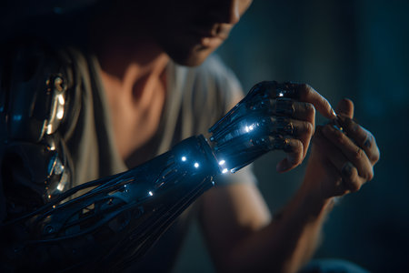 In a softly lit room, a man focuses on a high-tech robotic arm. The arm is adorned with glowing lights, and he delicately touches it, exploring its features.の素材