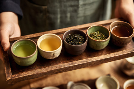 A person holds a wooden tray with six small bowls of different teas and tea leaves in a warm and inviting tea shop. Each tea showcases unique colors and flavors.の素材