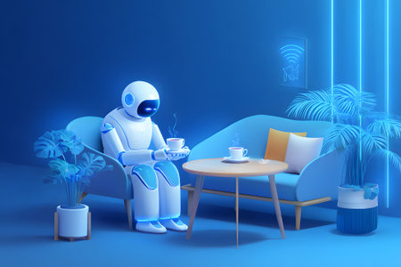 A robot sits comfortably on a modern couch in a blue-themed lounge, holding a steaming cup. The calm atmosphere features plants and glowing lights.の素材