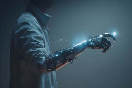 A person examines a sleek robotic arm in a dim setting, showing cutting-edge technology. The arm emits a glow, emphasizing its modern design and functionality in innovation.の素材