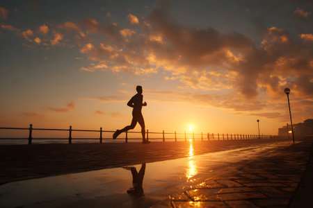 A person runs along a coastal path at sunrise, creating beautiful reflections on the wet pavement. The sky is filled with warm colors as day breaks over the horizon.の素材