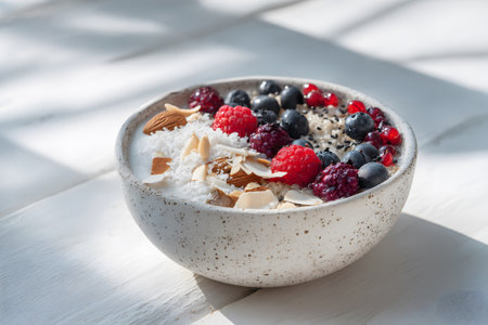 A nutritious breakfast bowl filled with oats, topped with fresh berries, nuts, and coconut flakes. The sunlight casts soft shadows, enhancing the colorful display on the marble table.の素材