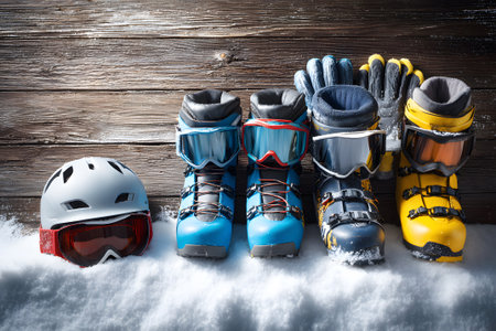 Skiing equipment lays on the snow-covered ground. A gray helmet, warm gloves, and boots await a thrilling day on the slopes under bright sunlight.の素材