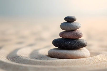 Four smooth stones are neatly piled on soft sand at a beach. The scene captures a tranquil moment during sunset, evoking peace and relaxation.の素材