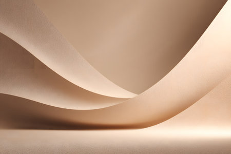 Beige paper twists and flows softly, forming gentle curves against a smooth surface, creating a calm and serene abstract atmosphere in a minimalist style.の素材