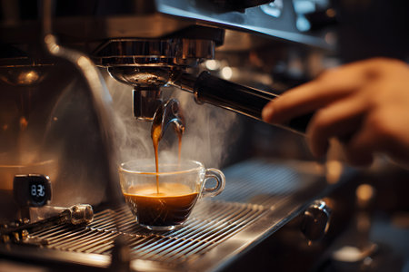 A skilled barista extracts rich espresso from a machine into a small, elegant cup. The scene captures the bustling energy of a morning coffee shop.の素材