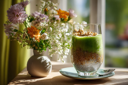 A green smoothie and a chia seed dessert topped with flowers are placed on a wooden table. A vase of colorful wildflowers adds charm to the bright atmosphere.の素材