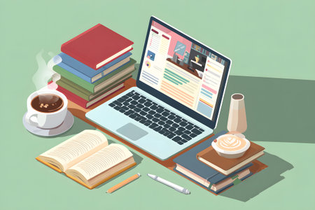 A welcoming workspace features a laptop displaying colorful content, surrounded by books, a notebook, and a steaming cup of coffee, creating a calm study environment.の素材