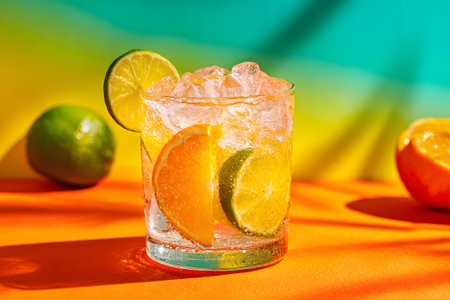 A tall glass filled with iced tea showcases fresh lime slices and ice cubes. The vibrant background features soft hues creating a cheerful atmosphere perfect for summer.の素材