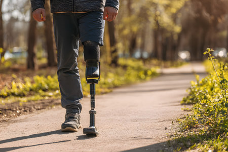 A man uses a prosthetic leg while walking along a quiet path in the forest as the sun sets, casting warm golden light and long shadows across the ground.の素材