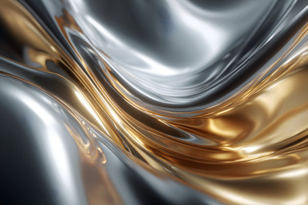 This scene showcases a flowing blend of silver and gold materials, creating a sophisticated and glossy texture. The light reflects beautifully on the surface, enhancing its artistic appeal.の素材