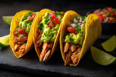 Three tacos filled with seasoned chicken, topped with guacamole, salsa, and herbs sit on a dark surface. Fresh lime slices accompany this tasty meal, showing vibrant colors and textures.の素材