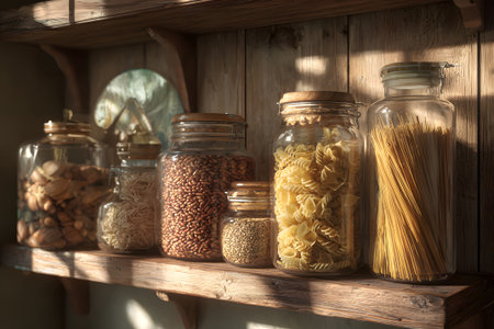 Clear glass jars hold different kinds of pasta and grains on a wooden shelf. Natural light shines through the window, creating a warm atmosphere in the kitchen.の素材