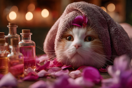 A cat rests comfortably wrapped in a towel surrounded by colorful flowers and small bottles of essential oils. The setting creates a calm and peaceful atmosphere.の素材