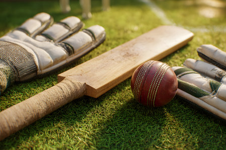Cricket bat, ball, and gloves are laid out on green grass under bright sunlight. The scene captures the essence of a playful day of cricket outdoors.の素材