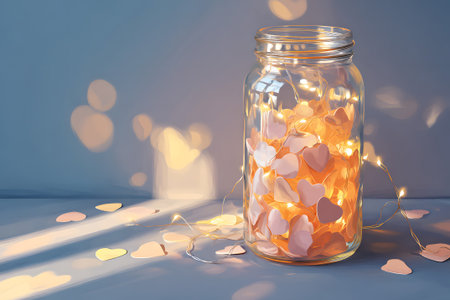 A glass jar is filled with small heart-shaped decorations and surrounded by glowing fairy lights. Soft light creates a warm, inviting ambiance, making it perfect for a romantic setting.の素材