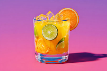 A tall glass filled with iced tea showcases fresh lime slices and ice cubes. The vibrant background features soft hues creating a cheerful atmosphere perfect for summer.の素材