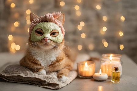 A relaxed cat wearing a green face mask sits on a towel surrounded by glowing candles and soothing scents. The warm lighting creates a calm atmosphere perfect for self-care.の素材