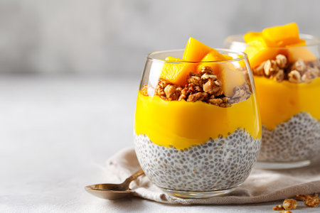 Two clear glasses hold layers of creamy mango puree, chia seed pudding, and crunchy granola. The vibrant colors create an appealing dessert that's healthy and refreshing.の素材