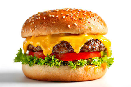 A mouthwatering cheese burger is displayed with layers of fresh lettuce, ripe tomato, and melted cheese all on a soft sesame seed bun. Perfect for lunch or a quick snack.の素材