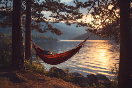 A hammock swings gently between two trees beside a calm lake. The sun sets, casting warm light on the water and surrounding mountains, creating a peaceful atmosphere.の素材