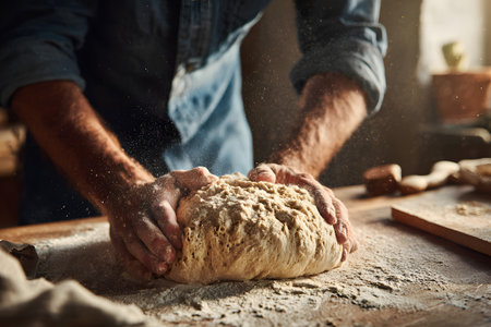 A person with hands covered in flour kneads dough on a wooden table in a cozy, rustic kitchen. Sunlight streams in, enhancing the warm atmosphere of baking.の素材