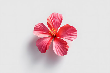 A vibrant pink hibiscus flower sits in the center of a light background. Its petals exhibit rich colors and delicate details, showing nature's beauty in a simple arrangement.の素材