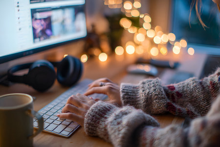 A person sits at a wooden desk typing on a keyboard with a computer screen showing websites. Soft, warm lights create a cozy atmosphere during winter.の素材