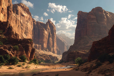 Vast desert canyon features towering rock formations glowing in warm light. A narrow stream winds through the sandy floor beneath a beautifully colored sky.の素材