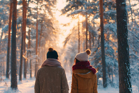 A couple strolls hand in hand through a snow-covered forest at sunset. Soft light filters through the trees, creating a serene winter atmosphere.の素材