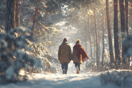 A couple strolls hand in hand through a snow-covered forest at sunset. Soft light filters through the trees, creating a serene winter atmosphere.の素材