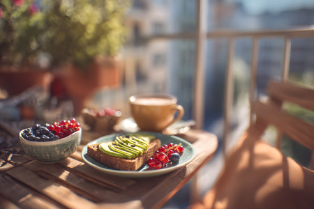 Bright morning sunlight fills the balcony as a simple breakfast awaits. Avocado toast sits on a plate alongside a bowl of mixed berries and a warm cup of coffee.の素材