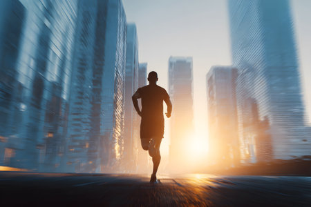 A person runs through a modern city environment at dawn. The tall buildings reflect the soft orange light, creating a serene yet energetic scene amidst the morning mist.の素材