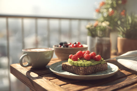 Bright morning sunlight fills the balcony as a simple breakfast awaits. Avocado toast sits on a plate alongside a bowl of mixed berries and a warm cup of coffee.の素材