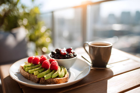 Bright morning sunlight fills the balcony as a simple breakfast awaits. Avocado toast sits on a plate alongside a bowl of mixed berries and a warm cup of coffee.の素材